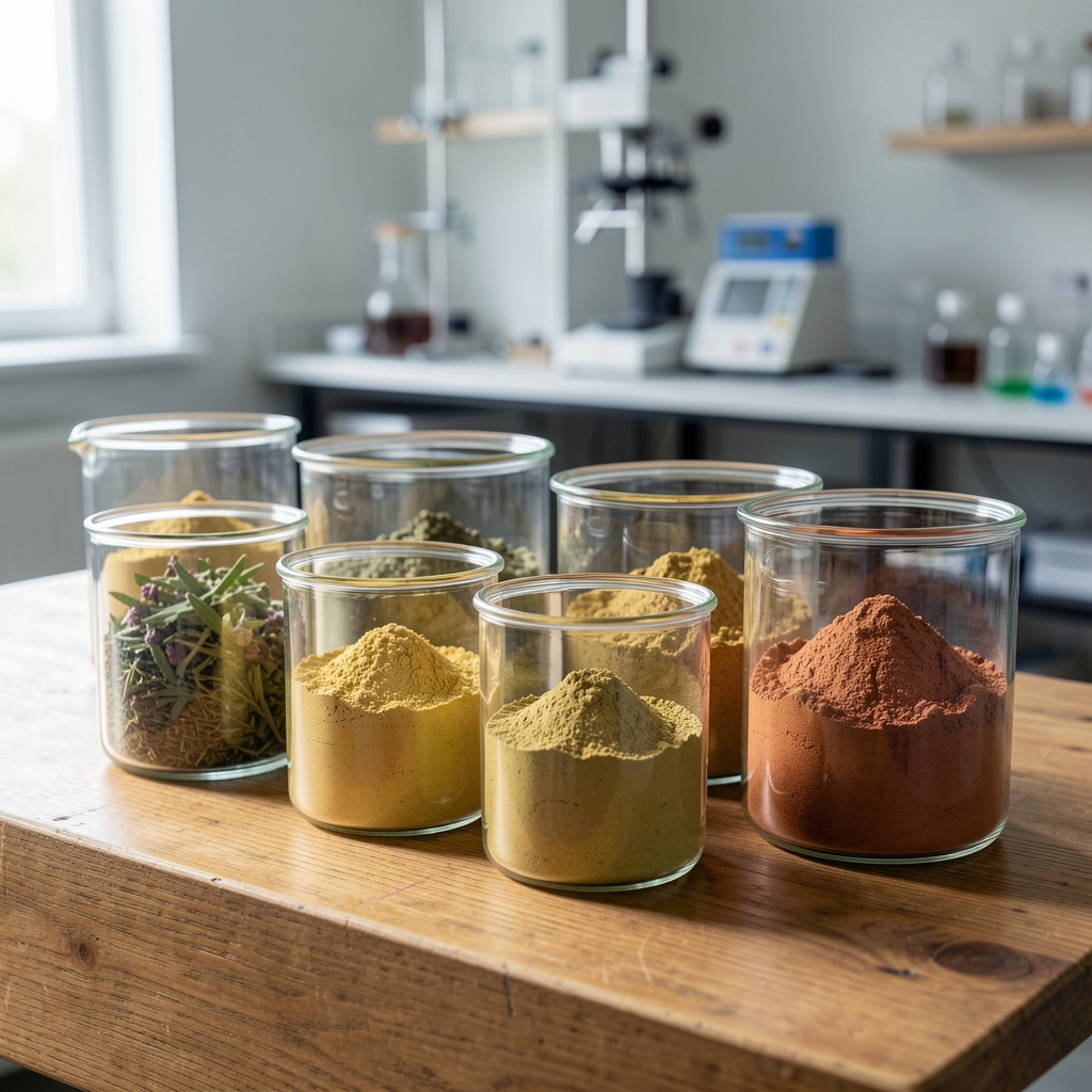 Glass containers holding powdered botanical extracts arranged on a wooden surface in a quality-control environment