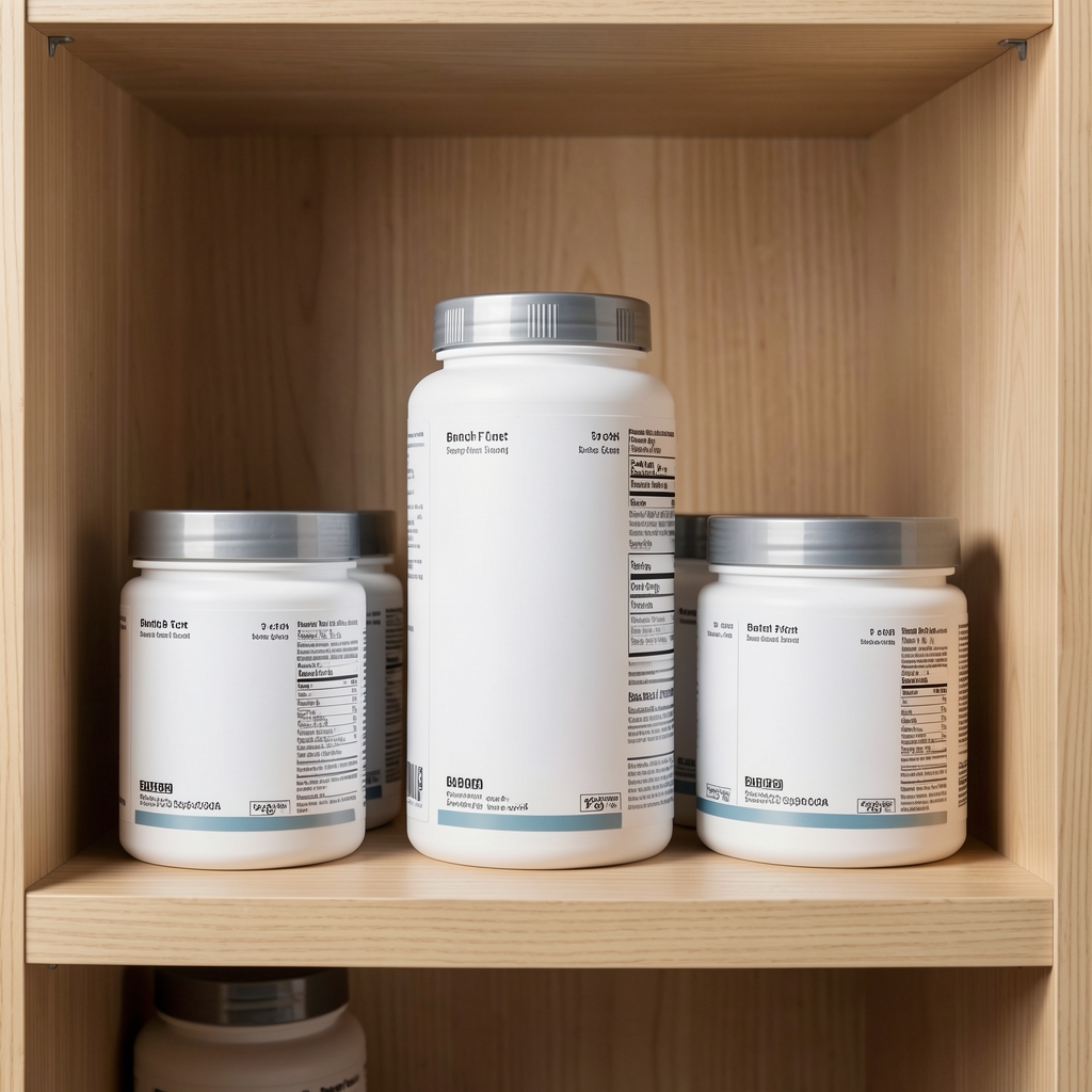 Tall shot of batch-coded supplement containers standing upright on a light wooden shelf under studio lighting