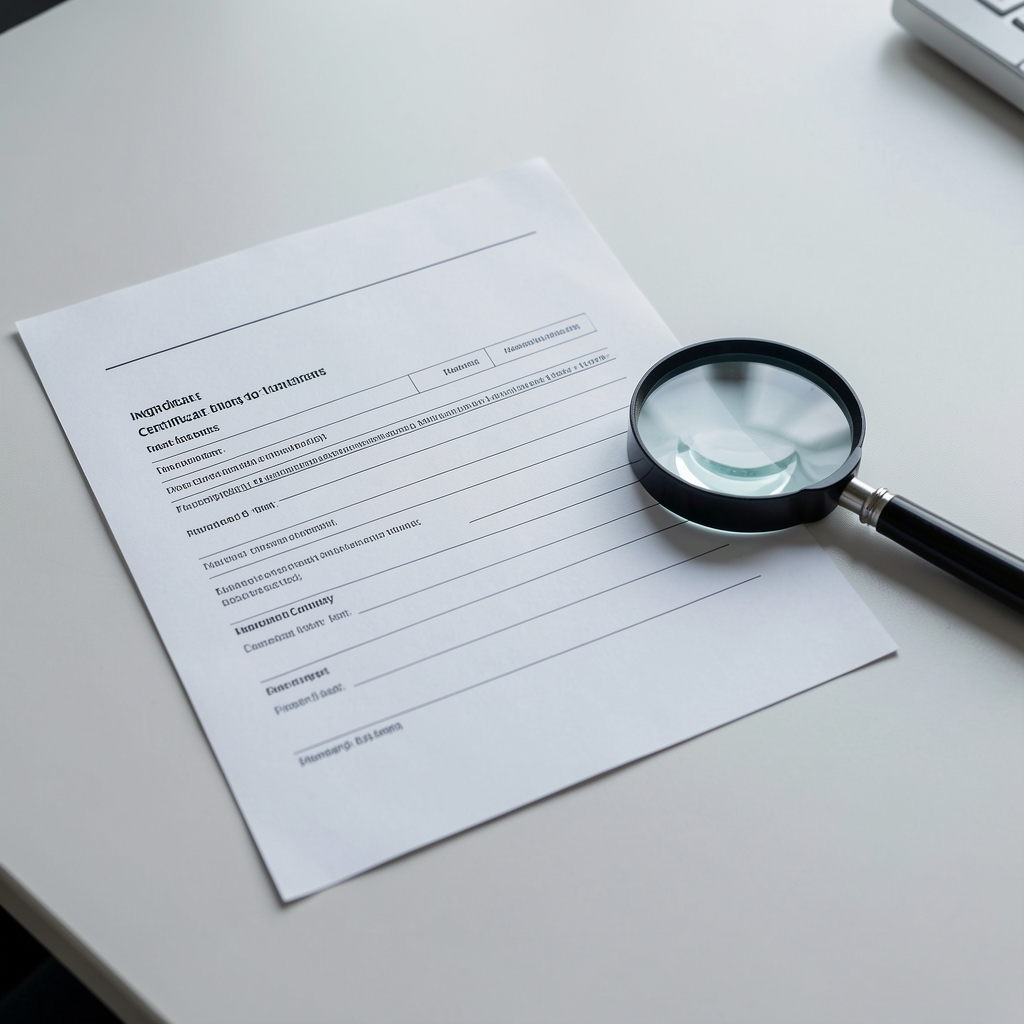 Close-up of ingredient certificate documentation laid flat on a clean desk beside a magnifying glass