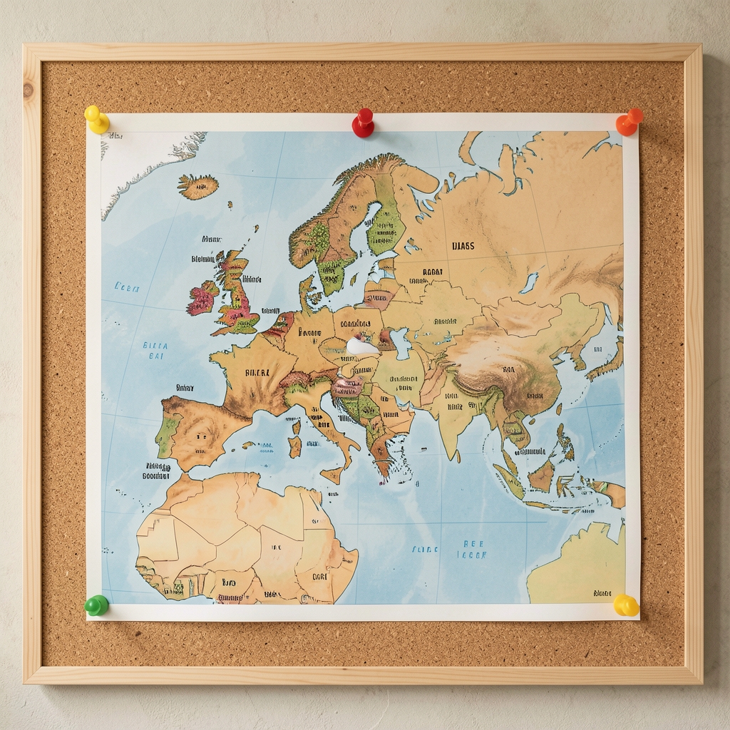 Sourcing map pinned to a light cork board showing regional ingredient origins across Europe and Asia