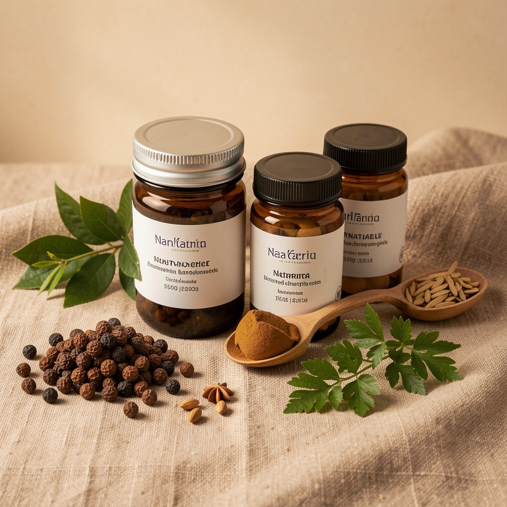 Arrangement of natural supplement containers and botanical ingredients on a warm linen surface with soft studio lighting
