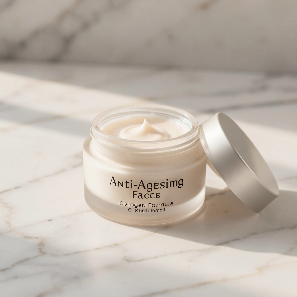 Anti-ageing face cream jar with collagen formula open on a marble surface with soft natural lighting