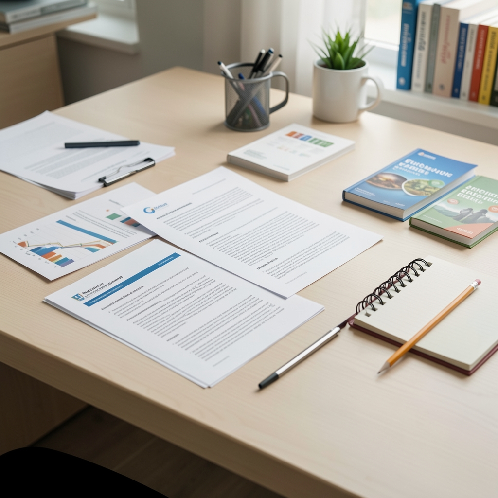 Research documents and nutritional reference journals spread on a clean desk with a pencil and notepad in a tidy workspace