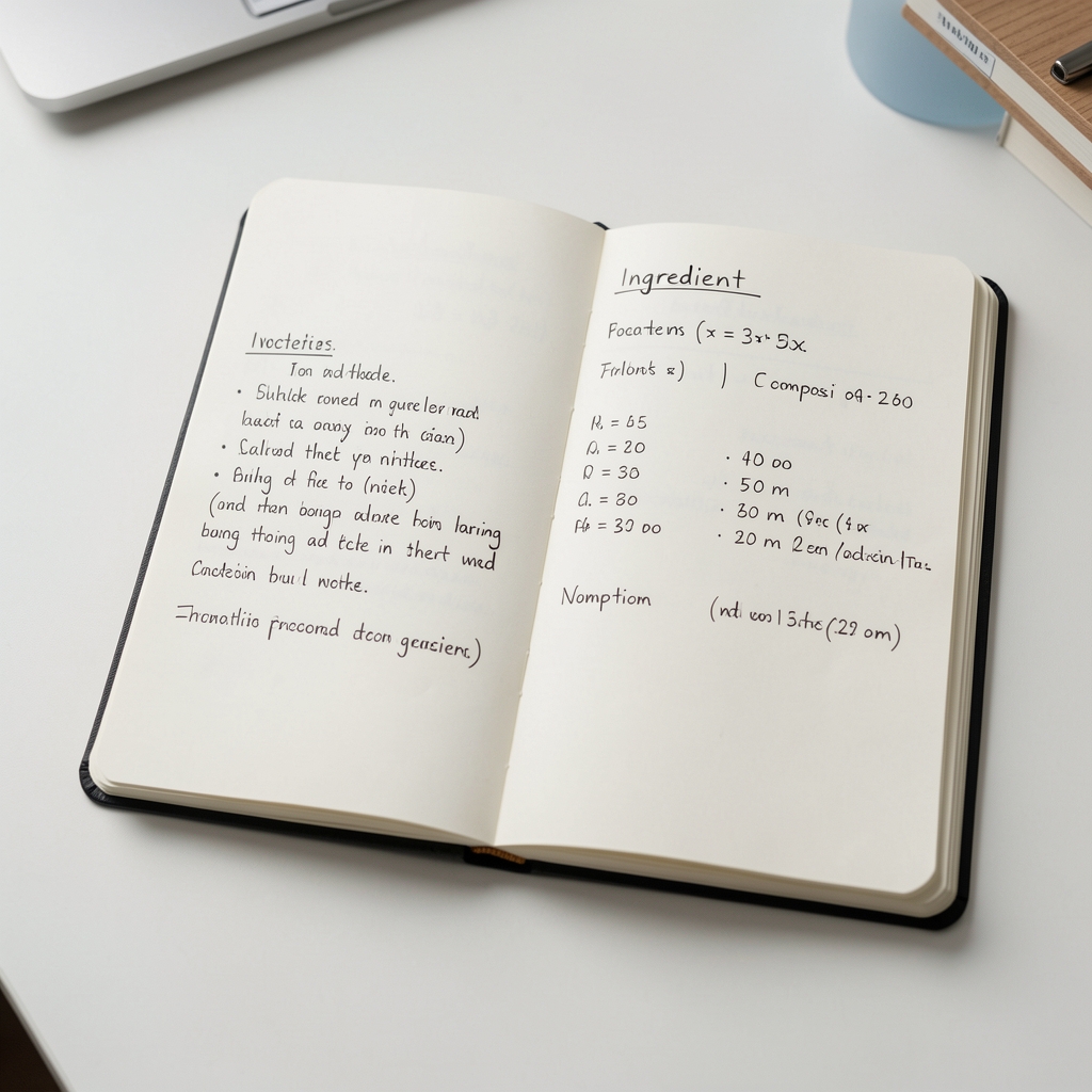 Formulation notebook open to a page showing ingredient ratios and composition notes written in precise handwriting on a clean desk
