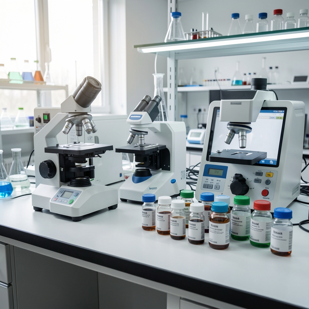 Laboratory bench showing analytical instruments and supplement sample vials during an independent batch verification process under controlled workspace lighting