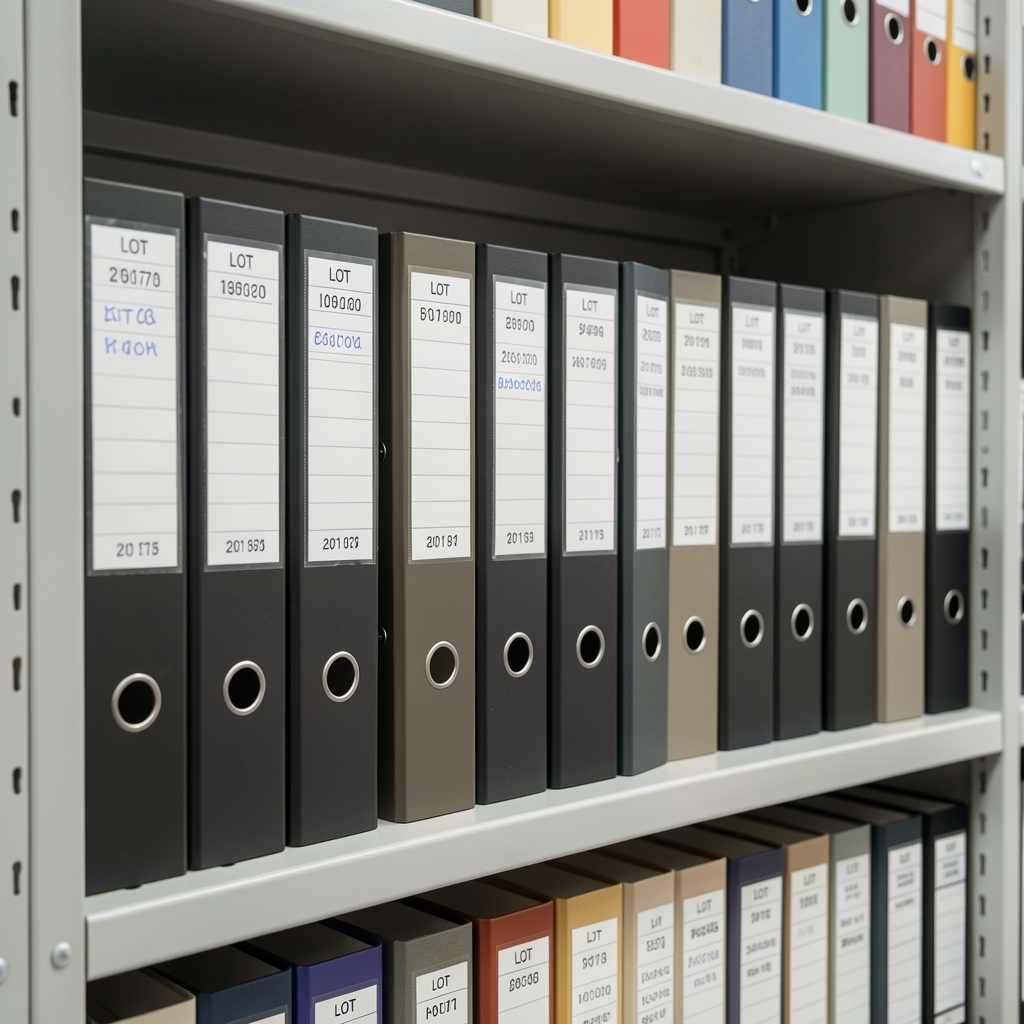 Archived batch documentation folders neatly arranged on a shelf in a clean filing room with labels showing lot numbers and dates