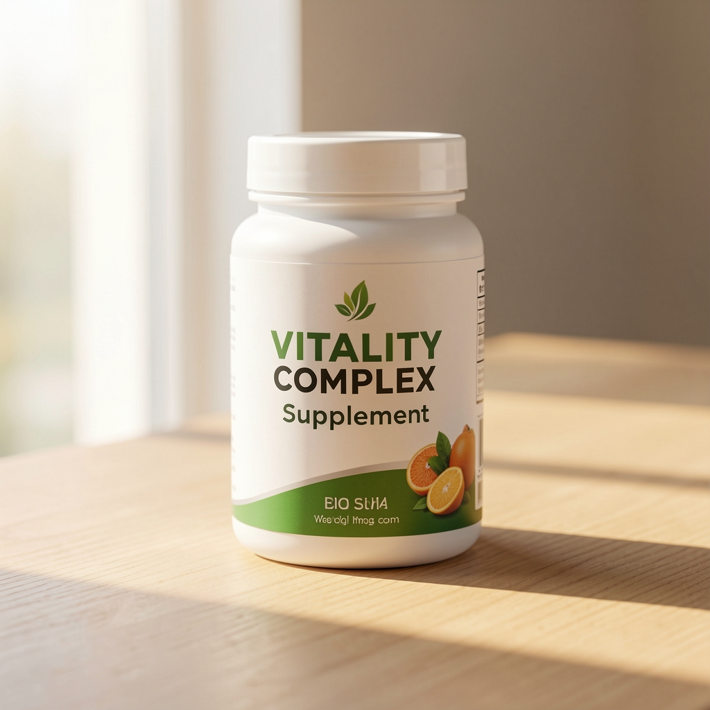 Oraneld Daily Vitality complex supplement container on a clean wooden surface with morning light
