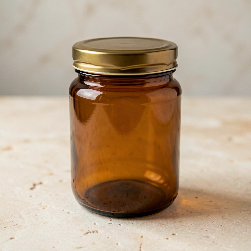 Oraneld Energy and Endurance complex in amber glass jar photographed on a light stone surface