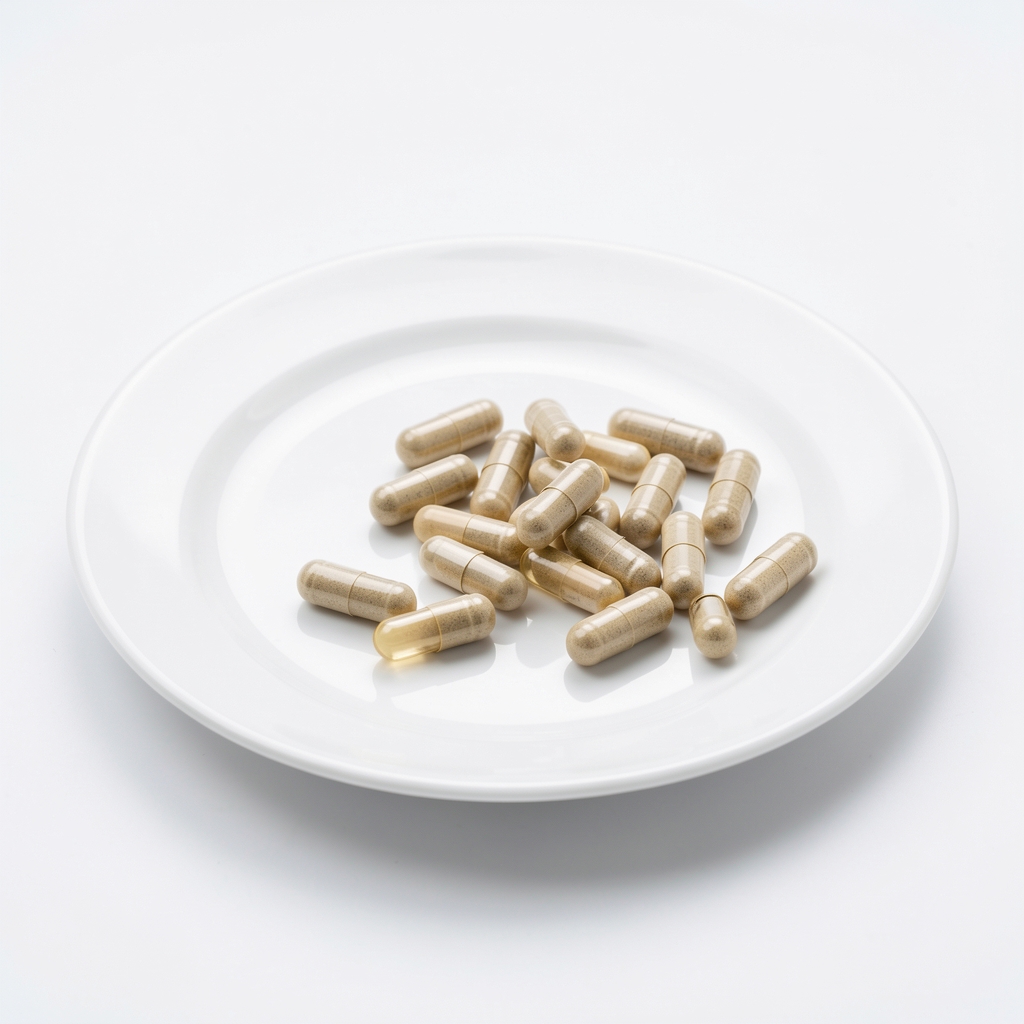 Oraneld Omega and Botanical supplement capsules spilled on a clean white ceramic plate in bright studio lighting