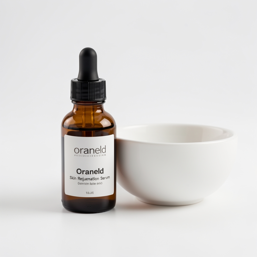 Oraneld skin rejuvenation serum in a dark amber dropper bottle placed beside a white ceramic bowl under clean studio lighting