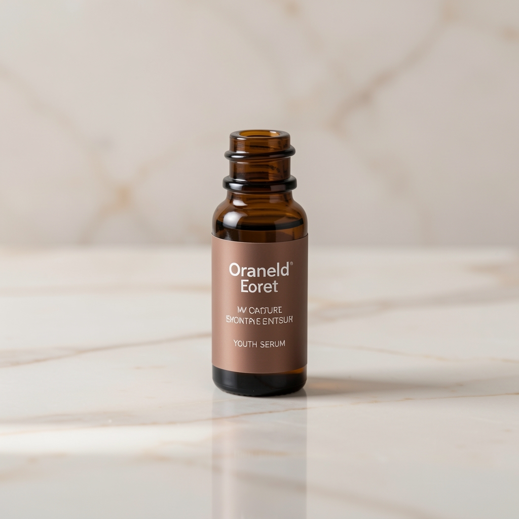 Oraneld eye contour and youth serum in a small dark glass vial placed on a reflective pale marble surface